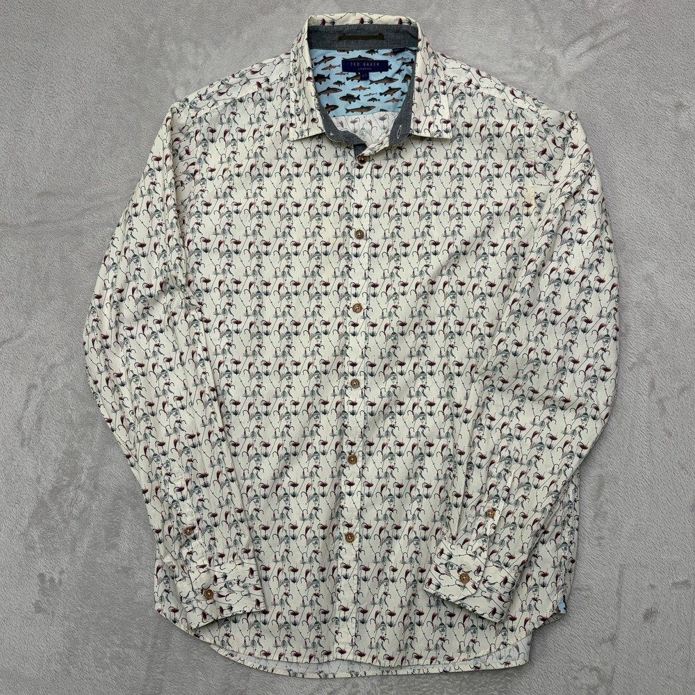 Ted Baker Lightweight Fishing Lures Print Button-Up Shirt 16.5 fly fish Portugal